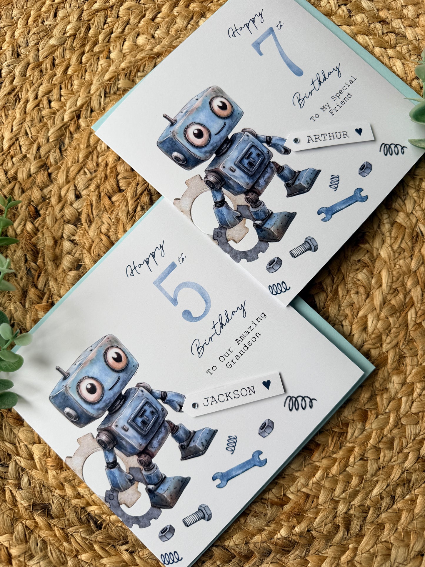 Personalised Robot Birthday Card,  Any Age Children's Card for Son, Grandson, Friend, Nephew etc with Custom Name Tag