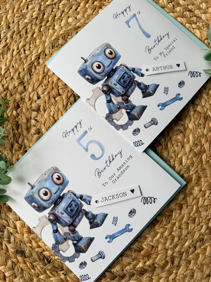 Personalised Robot Birthday Card,  Any Age Children's Card for Son, Grandson, Friend, Nephew etc with Custom Name Tag
