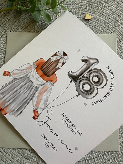 18th birthday card with illustration of a girl holding balloons shaped like the number 18