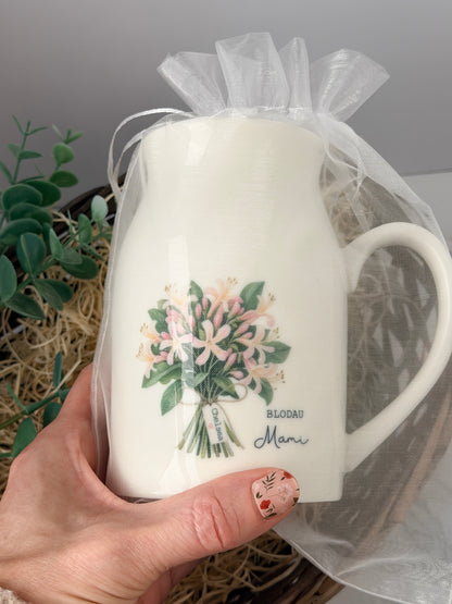 Personalised birth flower jug presented in an organza gift bag, ready for gifting