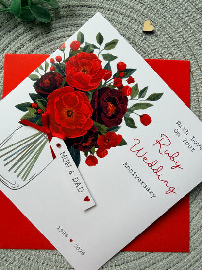 Personalised Anniversary Card, Handmade Ruby Floral Wedding Anniversary For Mum Dad Grandparents Friends, Any Years