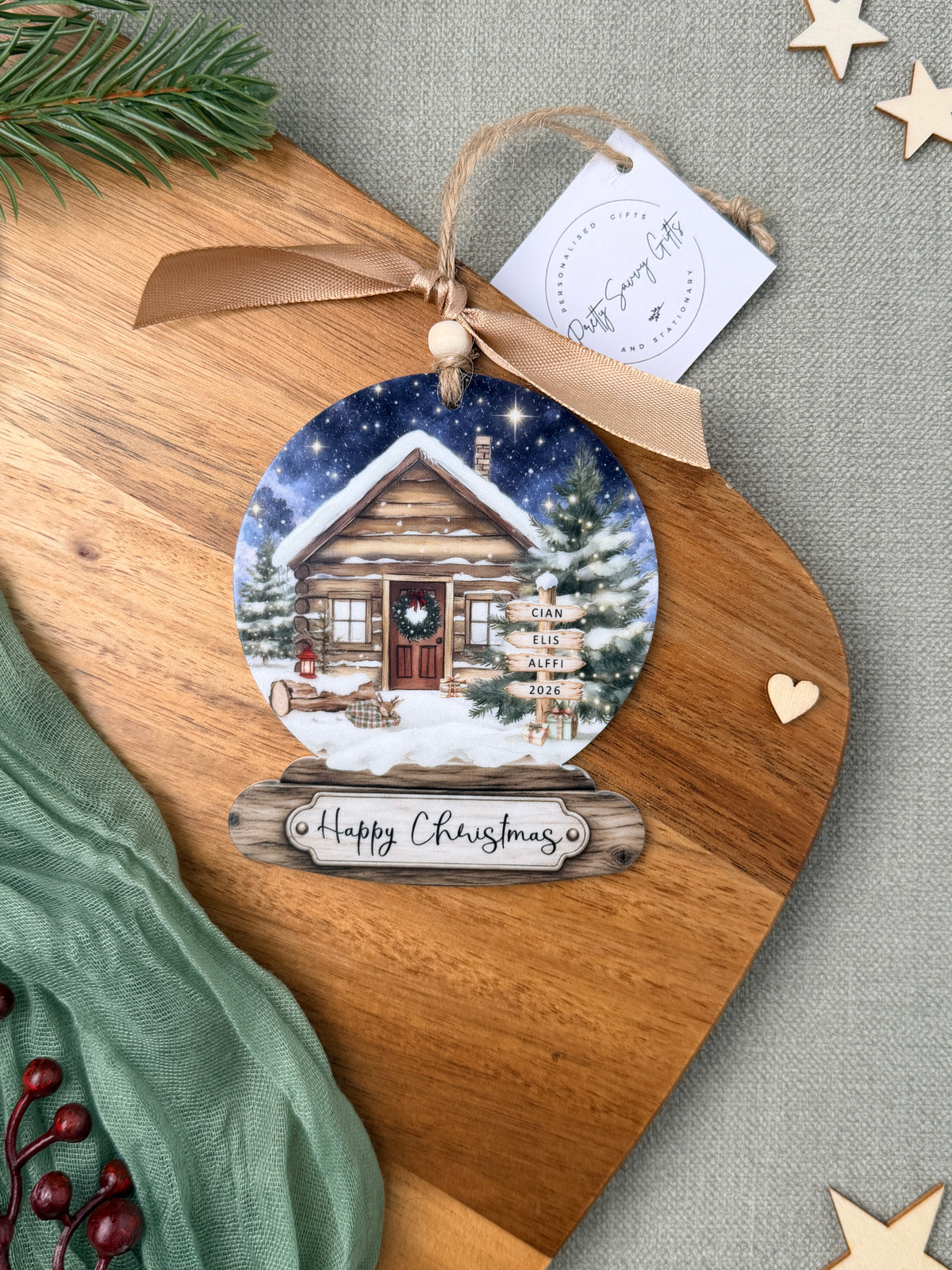 Personalised Family Christmas Decoration, Snow Globe Bauble with Custom Name Signpost