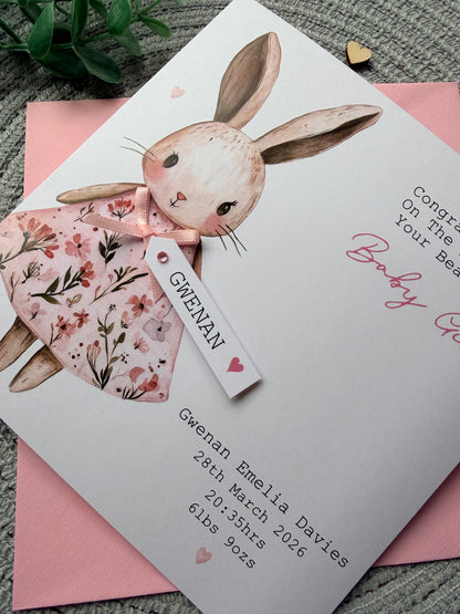 Personalised New Baby Girl Card, Floral Bunny Handmade Card with Custom Name Tag