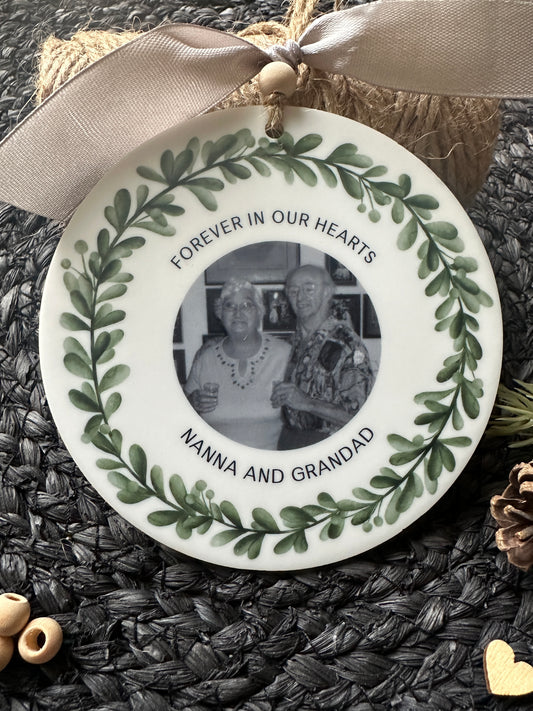 In Loving Memory Keepsake Ornament, Personalised Remembrance Photo Wreath Keepsake
