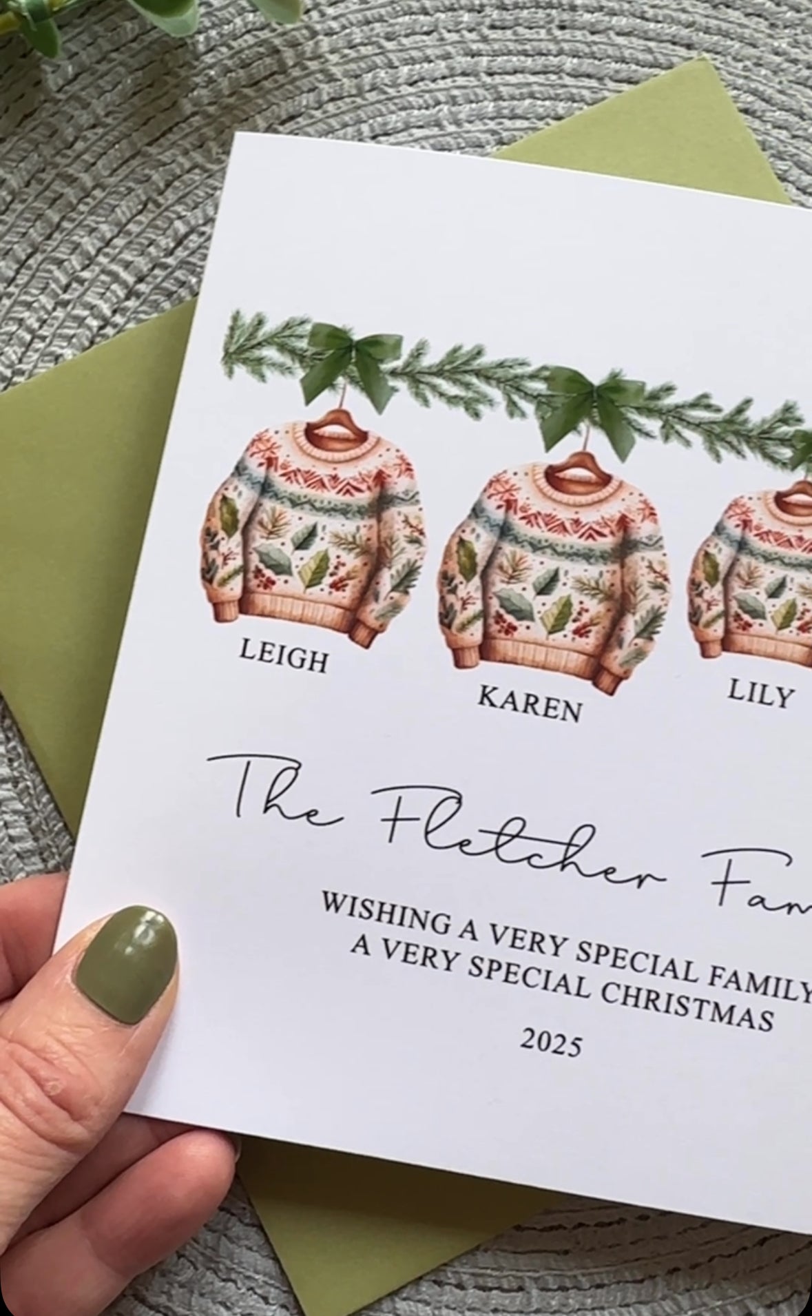 Personalised Family Christmas Card: Green Christmas Jumper Design, Custom Names and Family Name