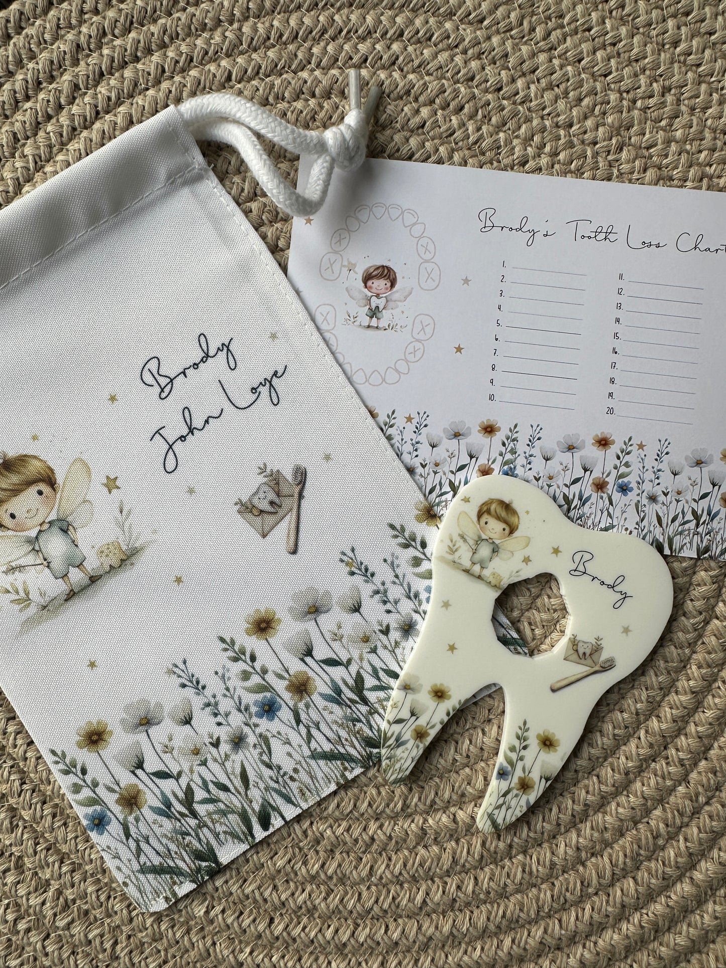 Personalised Tooth Boys Fairy Bag, Chart & Coin Holder Set, Custom Tooth Loss Keepsake, Tooth Fairy Gift Set with Pouch