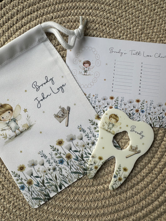 Personalised Tooth Boys Fairy Bag, Chart & Coin Holder Set, Custom Tooth Loss Keepsake, Tooth Fairy Gift Set with Pouch
