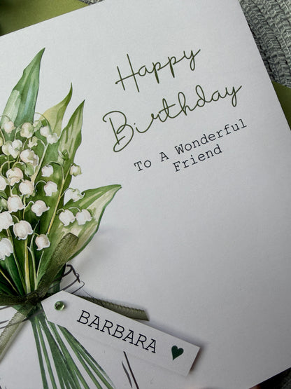 Personalised Birthday Card - Lily of the Valley Flowers - Mum, Friend, Auntie, Wife, Daughter, Sister