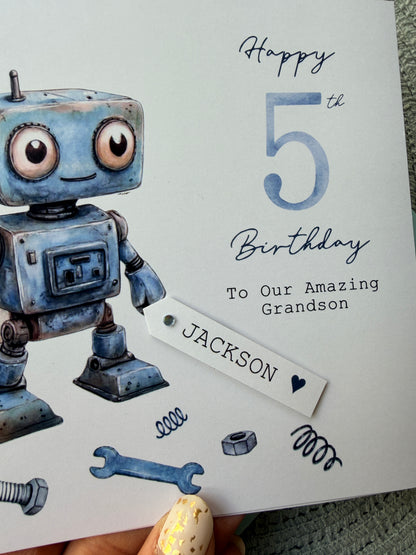 Personalised Robot Birthday Card,  Any Age Children's Card for Son, Grandson, Friend, Nephew etc with Custom Name Tag