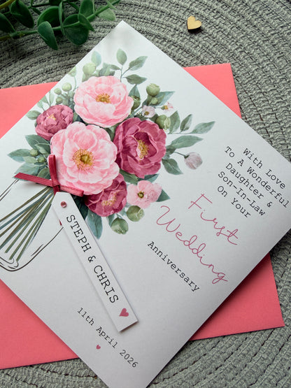 Personalised Handmade Anniversary Card – Pink Floral Bouquet with Custom Name Tag