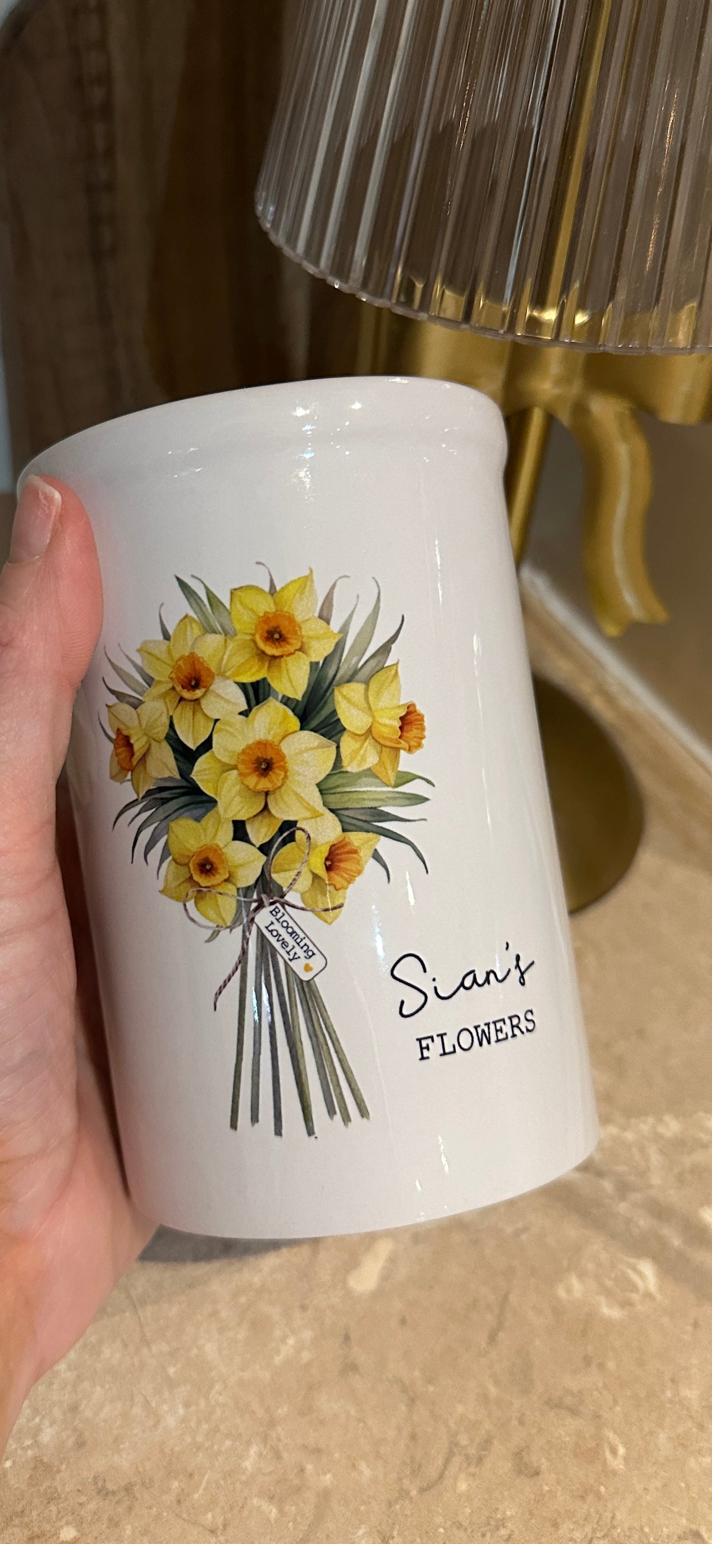 Personalised Mothers Day Vase with Daffodil Design and Optional Card