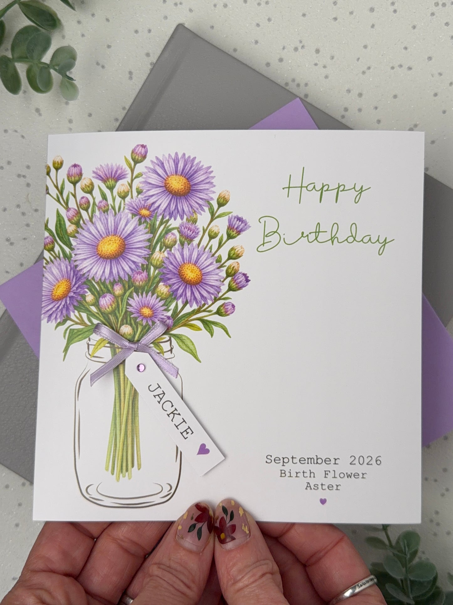 Personalised September Birthday Flower Card - Purple Aster