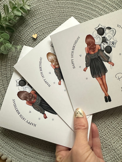 Personalised Birthday Girl Balloons Card, 16th 18th, 21st, 30th, 40th, 50th, Any Relation