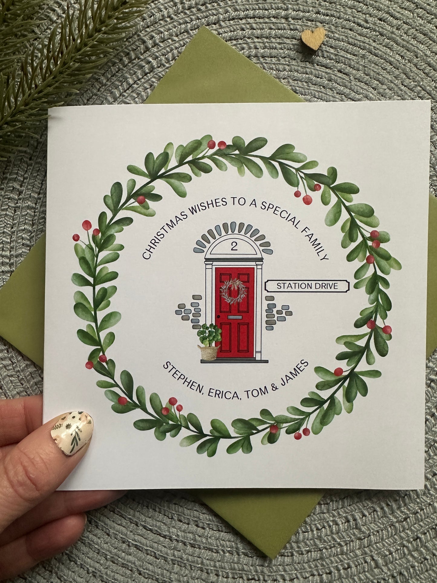 Personalised Christmas Tea Towel; Christmas Front Door with address details