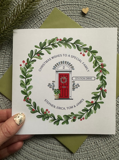 Personalised Christmas Tea Towel; Christmas Front Door with address details