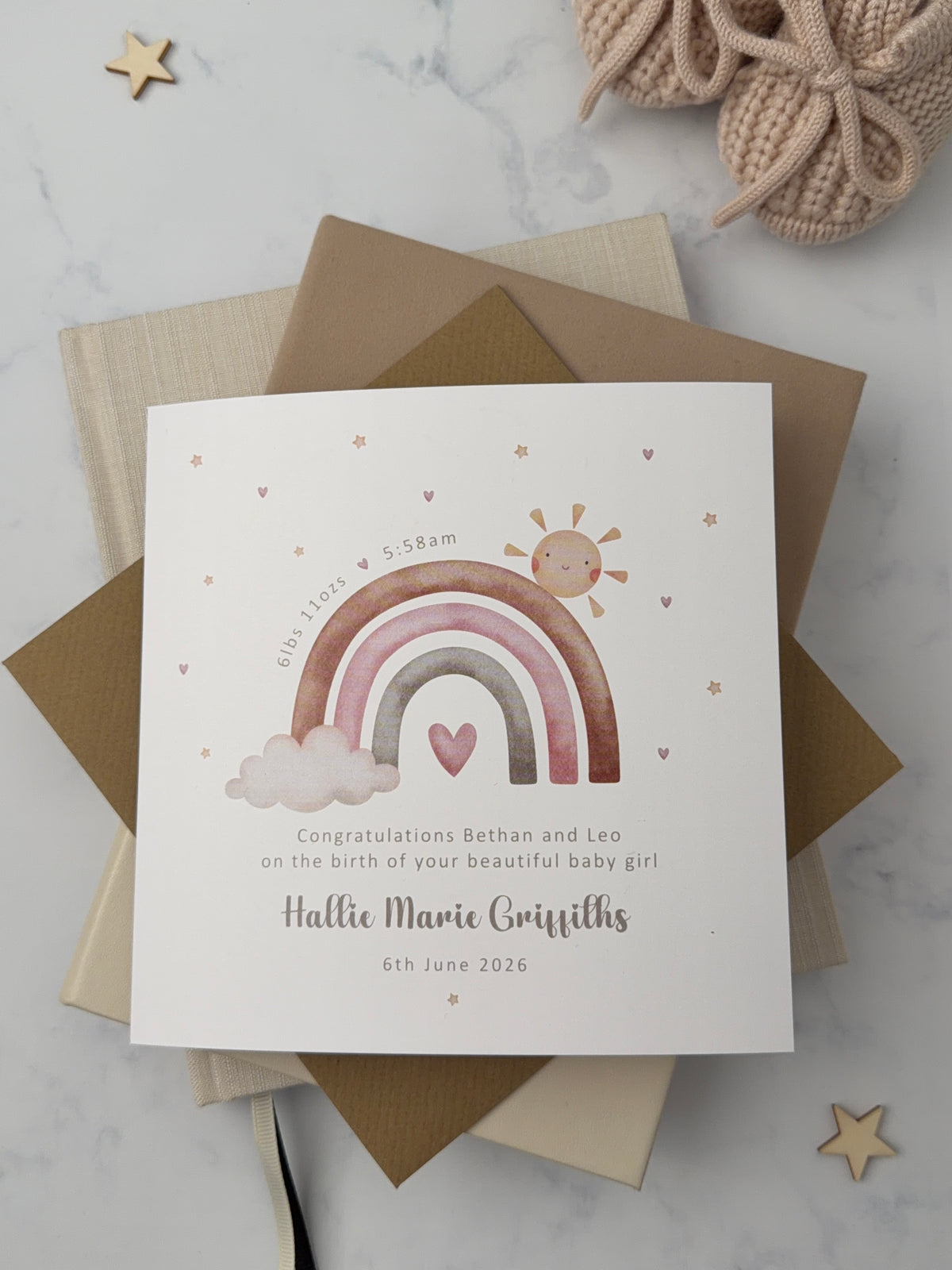 Personalised Handmade New Baby Keepsake | Rainbow Theme | Decoration | English or Welsh | Hanging Gift | Matching Card