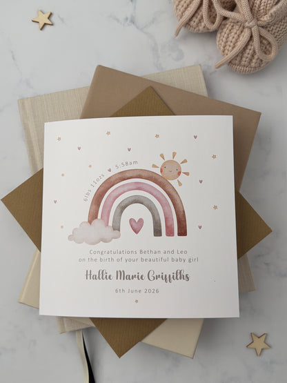 Personalised Handmade New Baby Keepsake | Rainbow Theme | Decoration | English or Welsh | Hanging Gift | Matching Card