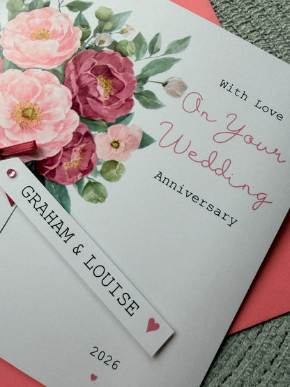 Personalised Handmade Anniversary Card – Pink Floral Bouquet with Custom Name Tag