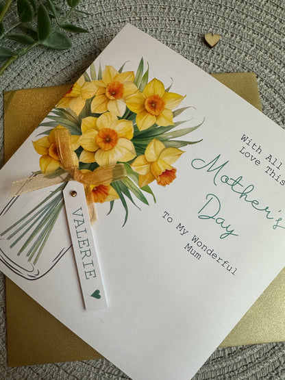 Personalised Mothers Day Vase with Daffodil Design and Optional Card