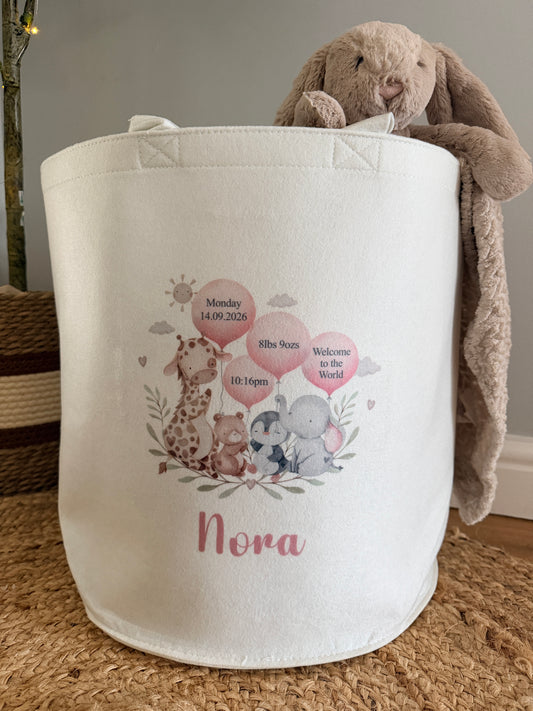 Personalised New Baby Gift Basket with Baby Details & Safari Animals