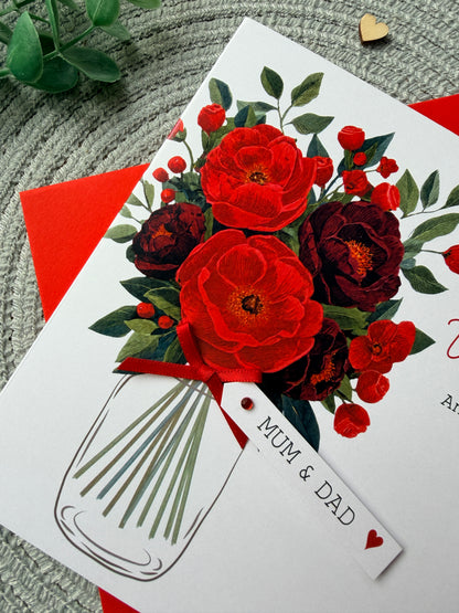 Personalised Anniversary Card, Handmade Ruby Floral Wedding Anniversary For Mum Dad Grandparents Friends, Any Years