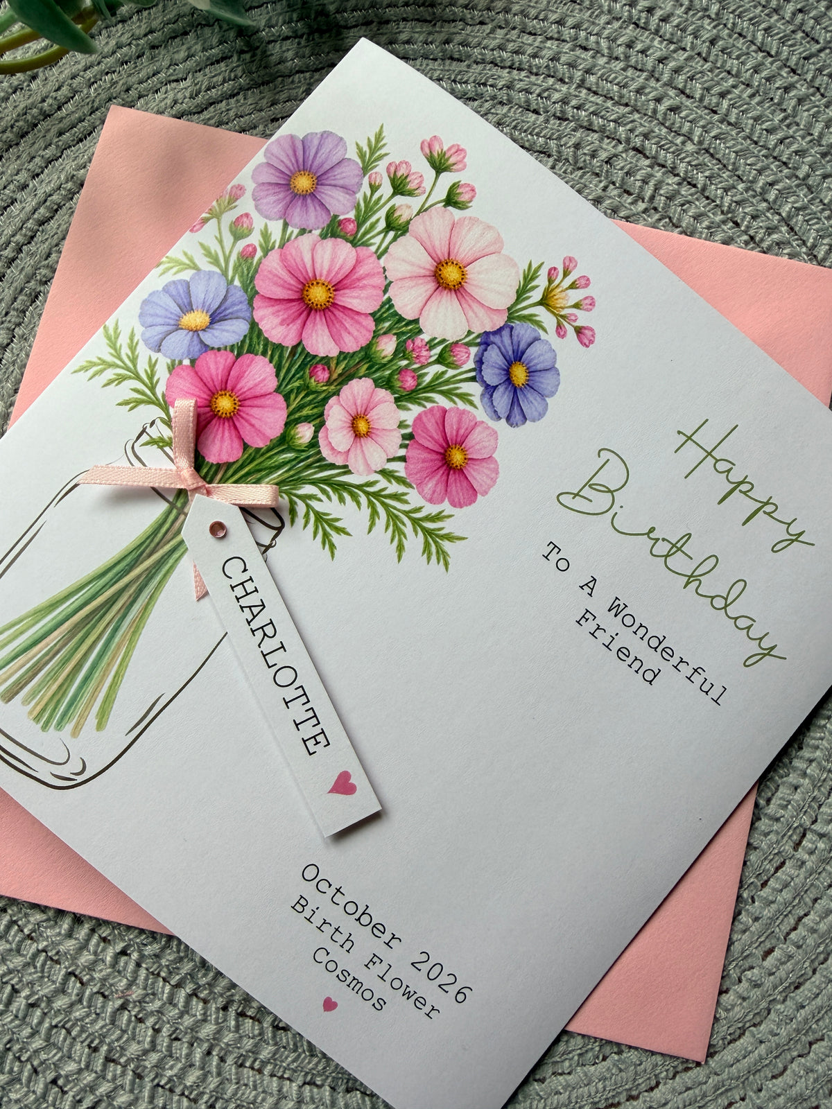 Personalised October Birthday Flower Card - Pink and Purple Cosmos