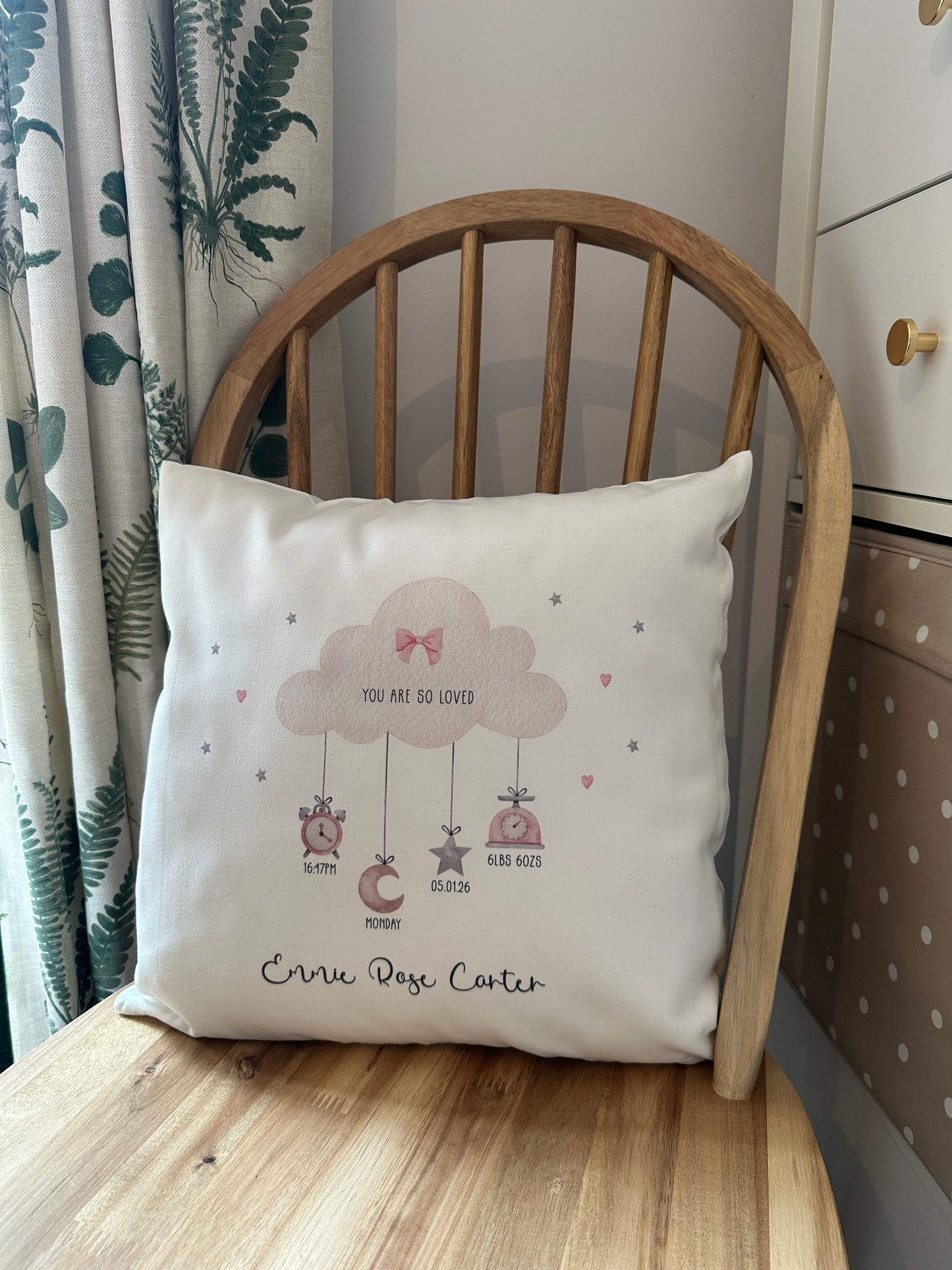 Personalised Cushion with Cloud and Baby's Birth Details