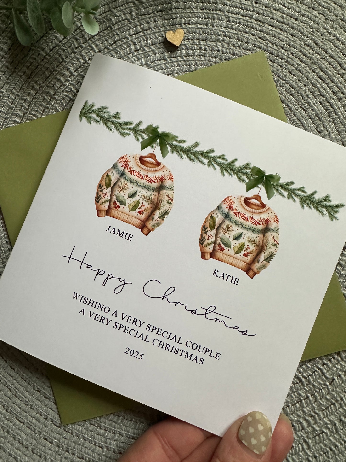 Personalised Family Christmas Card: Green Christmas Jumper Design, Custom Names and Family Name