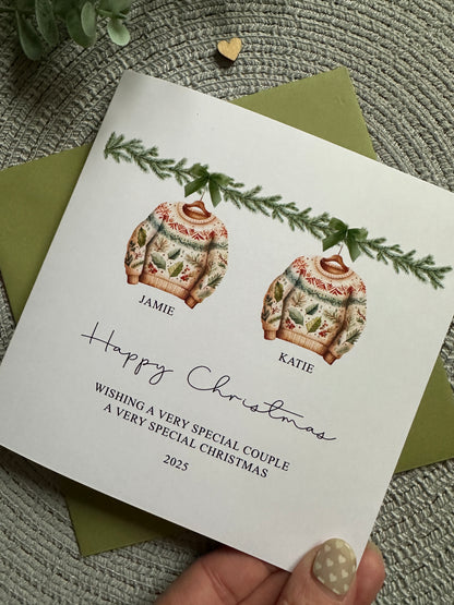 Personalised Family Christmas Card: Green Christmas Jumper Design, Custom Names and Family Name
