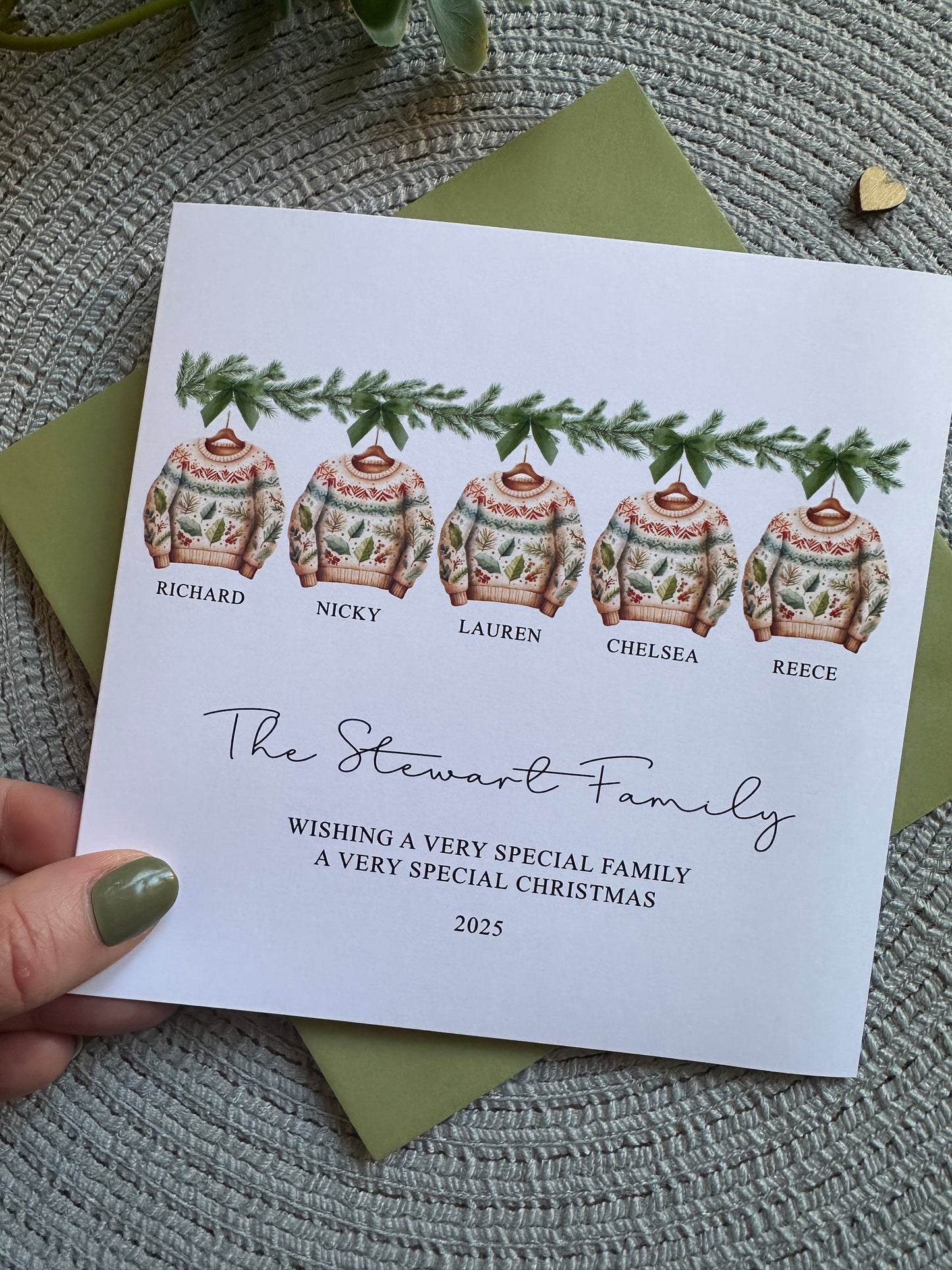 Personalised Family Christmas Card: Green Christmas Jumper Design, Custom Names and Family Name