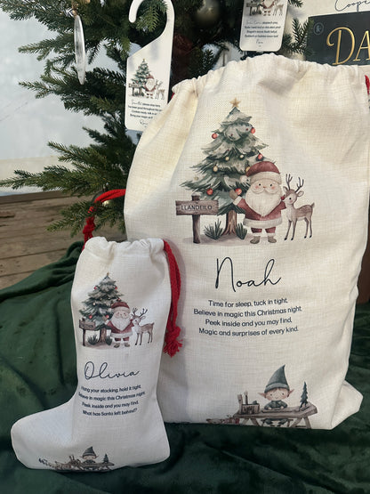 Personalised Christmas Stocking Santa and Reindeer with poem and place name