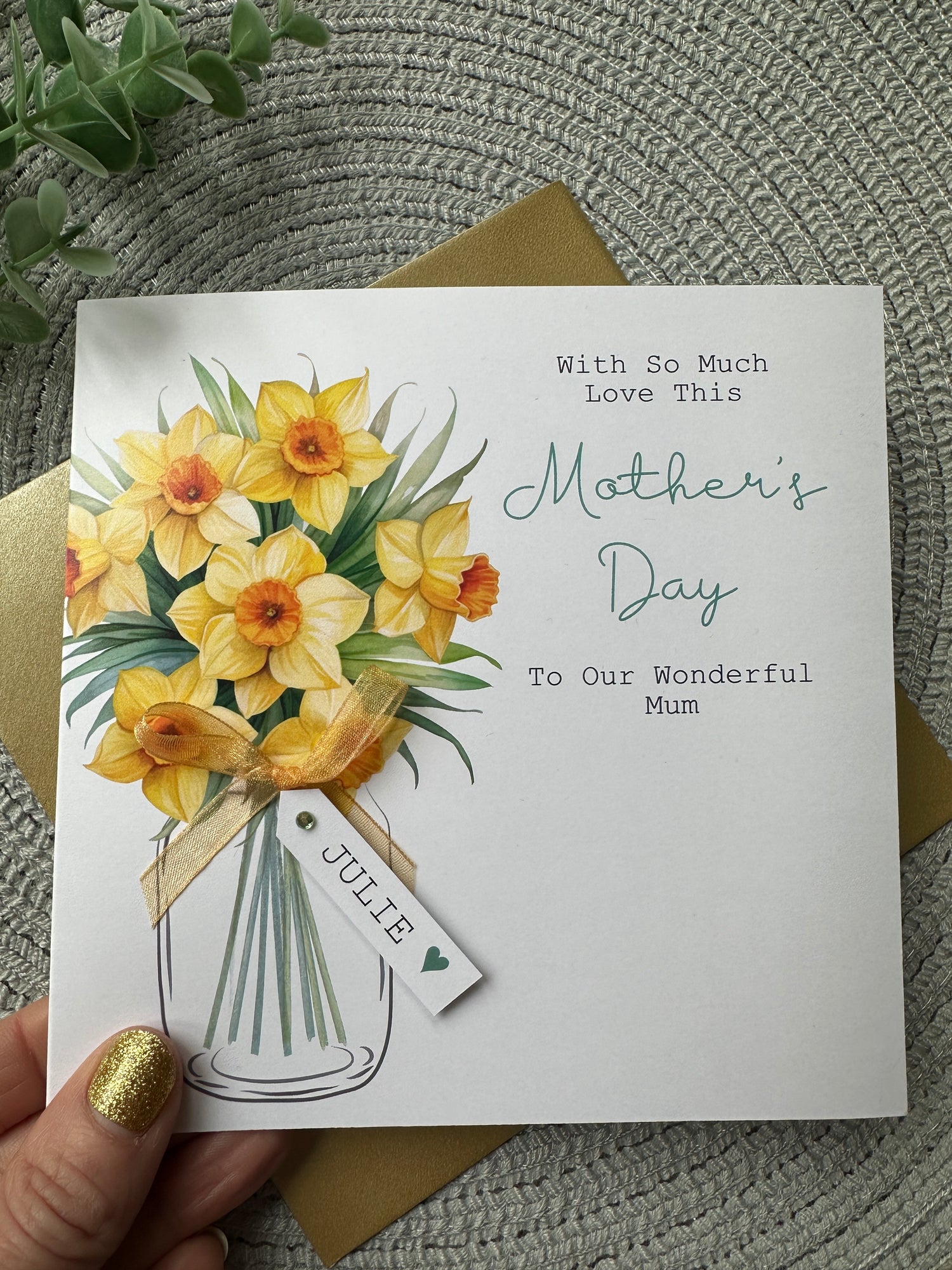 Personalised Handmade Mother's Day card with yellow daffodil flowers and custom mini tag.