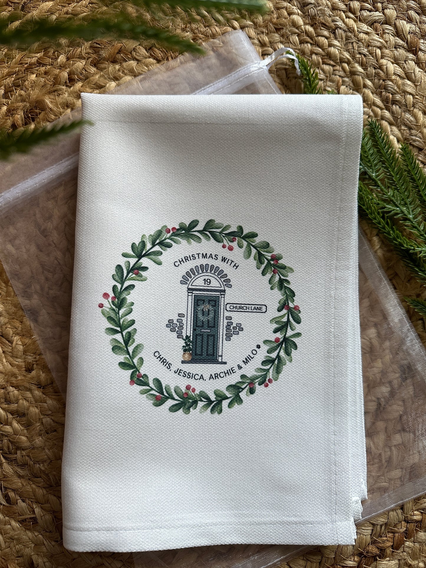 Personalised Christmas Tea Towel; Christmas Front Door with address details