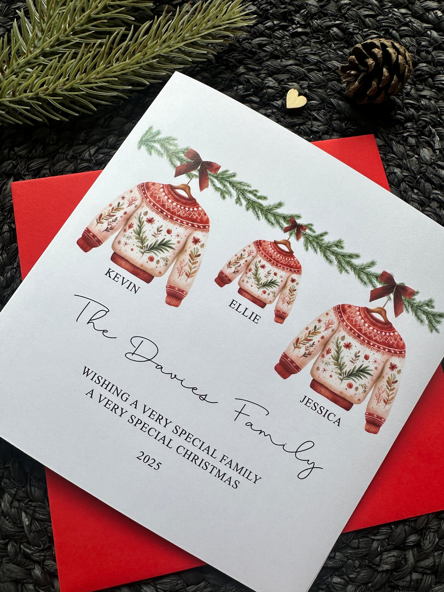 Personalised Family Christmas Card: Red Christmas Jumper Design, Custom Names and Family Name