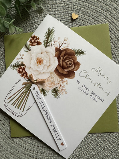 Personalised Christmas Card Pack of 5 – Floral & Pinecone Designs - Cream & Cocoa Collection