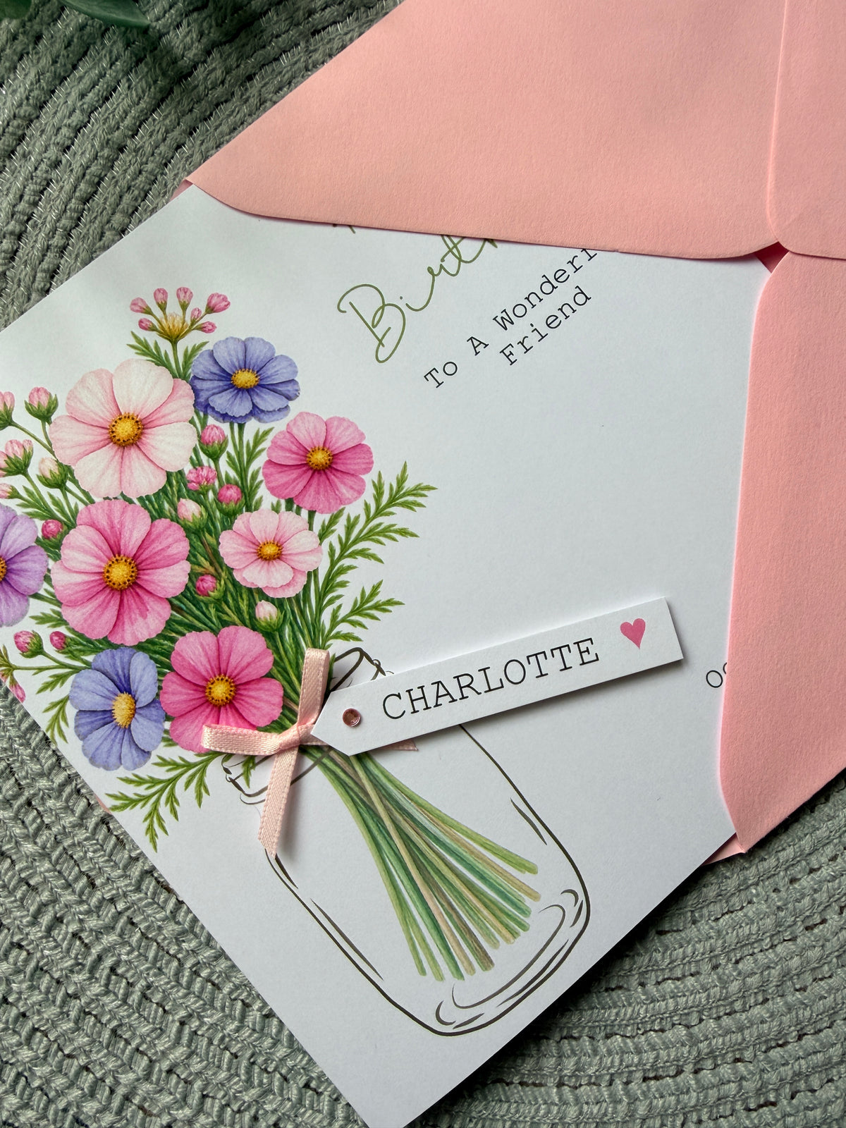 Personalised October Birthday Flower Card - Pink and Purple Cosmos