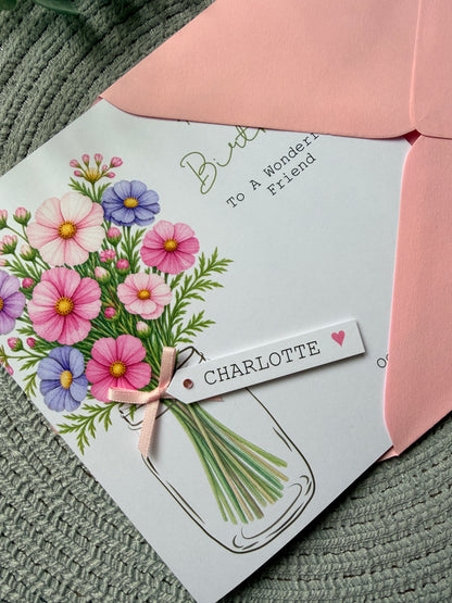 Personalised October Birthday Flower Card - Pink and Purple Cosmos