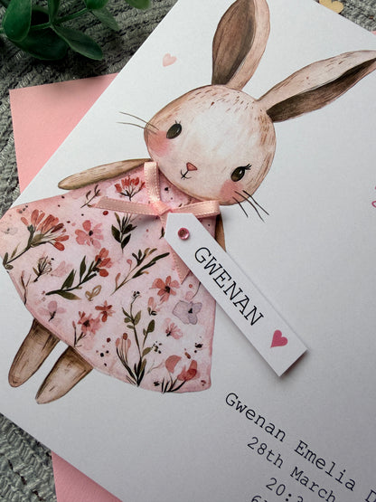 Personalised New Baby Girl Card, Floral Bunny Handmade Card with Custom Name Tag