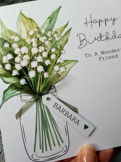 Personalised Birthday Card - Lily of the Valley Flowers - Mum, Friend, Auntie, Wife, Daughter, Sister