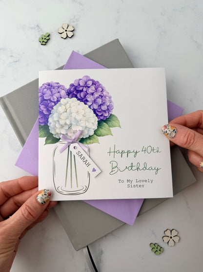 Personalised Hydrangea Birthday Card – Purple Floral Bouquet with Custom Name Tag
