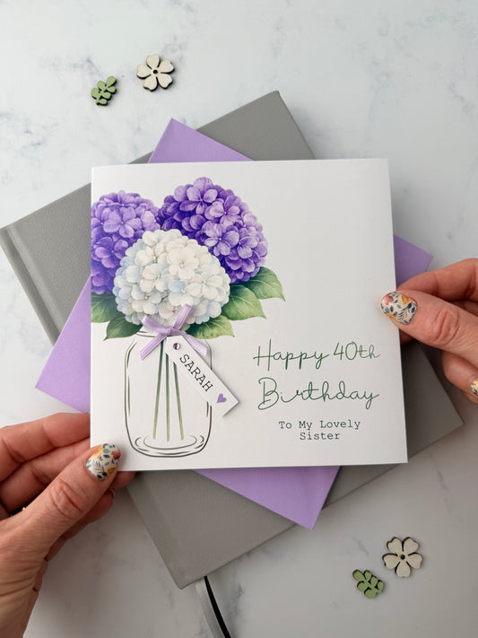 Personalised Hydrangea Birthday Card – Purple Floral Bouquet with Custom Name Tag