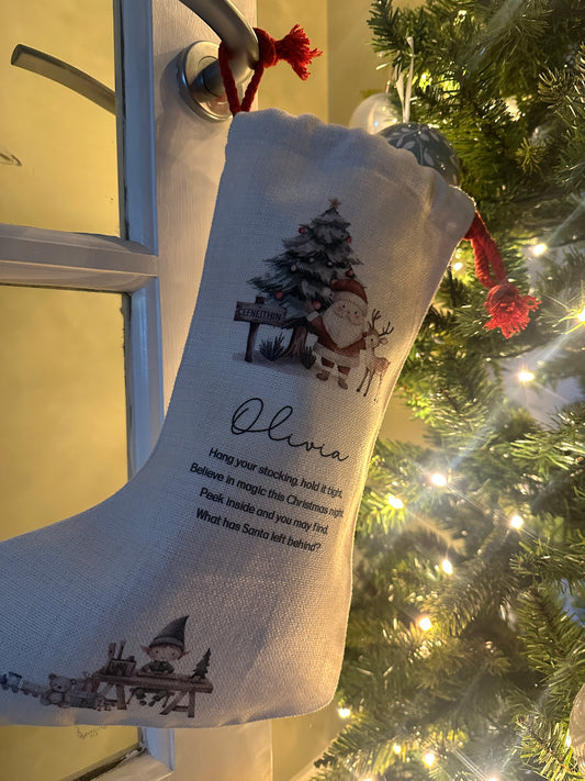 Personalised Christmas Stocking Santa and Reindeer with poem and place name