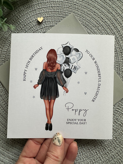 Personalised Birthday Girl Balloons Card, 16th 18th, 21st, 30th, 40th, 50th, Any Relation