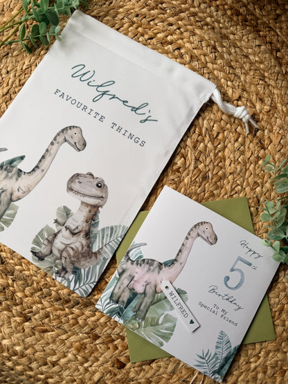 Personalised Boys Dinosaur Bag – Birthday Gift, Toy Bag, Optional Matching Card
