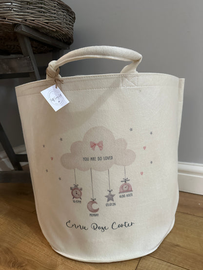 Personalised Toy Storage Basket with Cloud and Baby's Birth Details