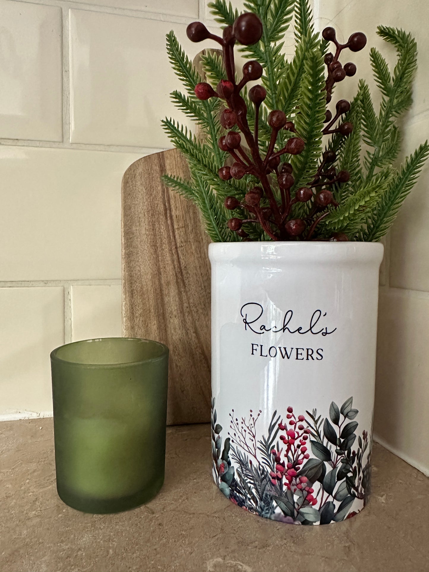 Personalised Ceramic Vase, Christmas Berry & Foliage Design, Custom Text Gift for Mum or Friend