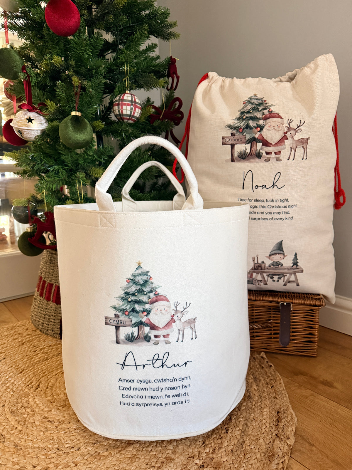 Personalised Christmas Sack or Basket with Child’s Name – Santa & Reindeer