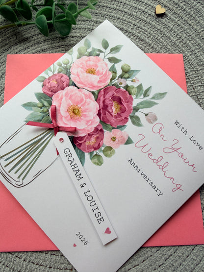 Personalised Handmade Anniversary Card – Pink Floral Bouquet with Custom Name Tag