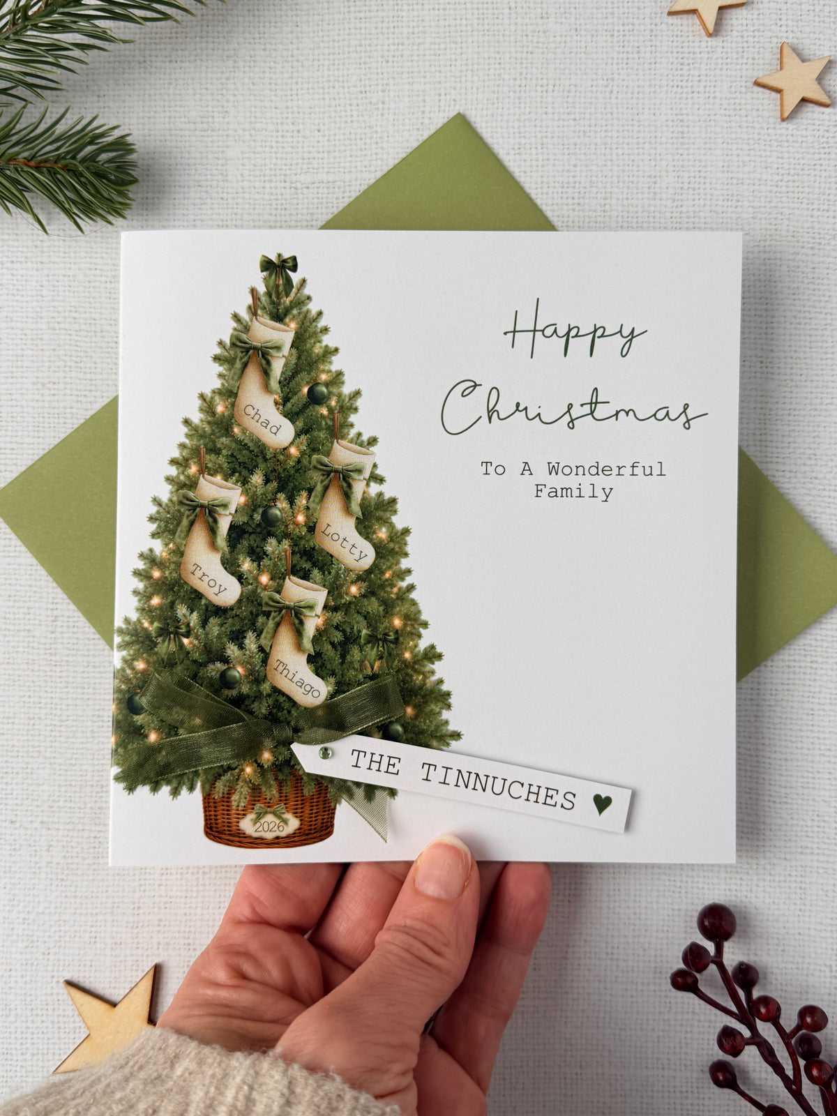 Personalised Family Christmas Card, Stocking Card for Special Family, 2–6 Stockings & Custom Raised Tag