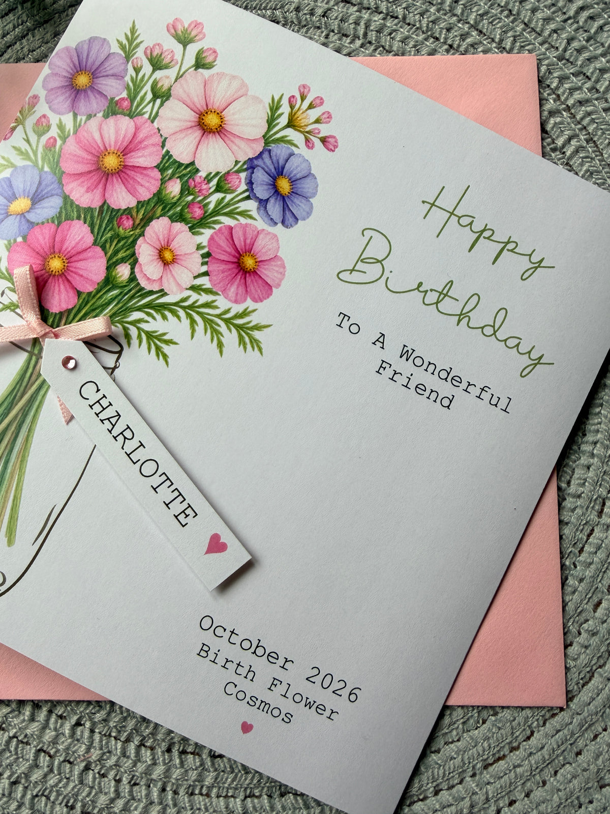 Personalised October Birthday Flower Card - Pink and Purple Cosmos